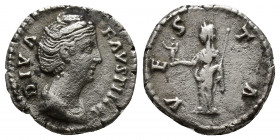 DIVA FAUSTINA I (Died 140/1). Denarius. (16mm, 3.2 g) Rome. Obv: DIVA FAVSTINA. Draped bust right. Rev: VESTA. Vesta standing left with palladium and ...