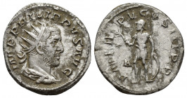 Philip I AR Antoninianus. Rome, (20mm, 4.2 g)AD 247. IMP PHILIPPVS AVG, radiate, draped and cuirassed bust right / P M TR P V COS III P P, Mars standi...