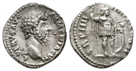 Lucius Verus AR Denarius. (17mm, 3.1 g) Rome, AD 163-164. L VERVS AVG ARMENIACVS, draped and cuirassed bare head right / TR P IIII IMP II COS II, Mars...