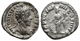 Commodus AR Denarius. Rome, (17.8mm, 2.6 g) AD 181. M ANTONINVS COMMODVS AVG, laureate bust right / TR P VI IMP IIII COS III P P, Annona standing faci...