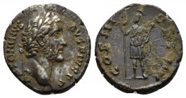 Antoninus Pius; 138-161 AD, Rome, 144 AD, Denarius, (17mm, 2.9 g). Obv: ANTONINVS - AVG PIVS P P Head laureate r. Rx: COS III - DES IIII Virtus standi...