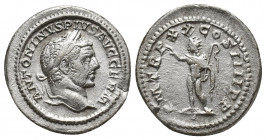 Caracalla, AD 198-217. Denarius (Silver, 20mm, 4.3 g), Rome, 217. ANTONINVS PIVS AVG GERM Laureate and bearded head of Caracalla to right. Rev. P M TR...