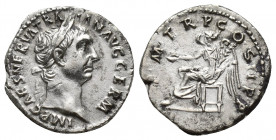 Trajan. Silver Denarius (17.5mm, 3.3 g), AD 98-117. Rome, AD 98/9. IMP CAES NERVA TRAIAN AVG GERM, laureate head of Trajan right. Reverse: P M TR P CO...