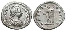 Caracalla. A.D. 198-217. AR denarius (18mm, 3.2 g). Rome mint, Struck A.D. 201. ANTONINVS PIVS AVG, laureate and draped bust of young Caracalla right,...