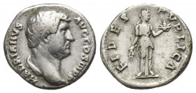 Hadrian, AR Denarius (17mm, 3 g) 117-138. Rome, 134-138. HADRIANVS AVG COS III P P Bare head of Hadrian to right, with slight drapery on his left shou...