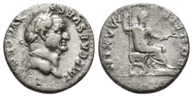Vespasian AD 69-79. Rome Denarius AR (17mm, 3,1 g). IMP CAES VESP AVG CENS, laureate head right / PONTIF MAXIM, Vespasian seated right on curule chair...
