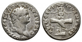 DOMITIAN (Caesar, 69-81). Denarius. (18mm, 2.9 g) Rome. Obv: CAESAR AVG F DOMITIANVS COS VI. Laureate head right. Rev: PRINCEPS IVVENTVTIS. Clasped ha...