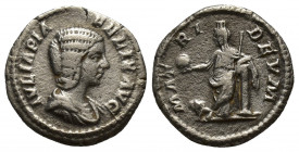 Julia Domna. Silver Denarius (18mm, 2.9 g), Augusta, AD 193-217. Rome, under Caracalla, AD 211-215. IVLIA PIA FELIX AVG, draped bust of Julia Domna ri...