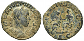 Philip II (247-249), Sestertius, Rome, AD 247-249, ; AE (28mm, 13.4 g); IMP M IVL PHILIPPVS AVG, laureate and draped bust r., Rv. LIBERALITAS AVGG III...