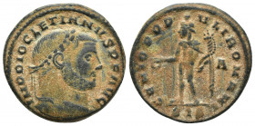 Diocletian Æ Nummus. (28mm, 8.9 g) Siscia, AD 299. IMP DIOCLETIANVS P F AVG, laureate head right / GENIO POPVLI ROMANI, Genius standing left, holding ...