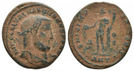 Galerius AD 305-311. Antioch Follis Æ (24mm, 6.5 g). IMP C GAL VAL MAXIMIANVS P F AVG, laureate head right / GENIO IMPERATORIS, Genius standing left, ...