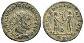 Diocletian Æ Antoninianus. Siscia, (20mm, 3.5 g) AD 293-295. IMP C C VAL DIOCLETIANVS AVG, radiate, draped and cuirassed bust right / CONCORDIA MILITV...