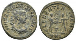 Carinus AD 283-285. Cyzicus Antoninian AR (21mm, 3,4 g). M AVR CARINVS NOB CAES , radiate, draped and cuirassed bust right, / CLEMENTIA TEMP, emperor ...