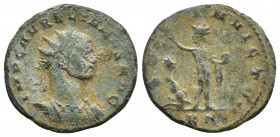 Aurelian. A.D. 270-275. Æ antonininanus (20mm, 3.4 g). Tripolis, A.D. 274. IMP C AVRELIANVS AVG, radiate and cuirassed bust of Aurelian right / SOLI I...