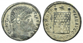 Constantine I Æ Nummus. Antioch, AD 329-330. CONSTANTINVS MAX AVG, diademed bust right / PROVIDENTIAE AVGG, camp gate with two turrets, no door, and s...
