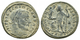 Licinius I AD 308-324. Siscia Follis Æ (20mm, 3,8g). IMP LIC LICINIVS P F AVG, laureate head of Licinius I right / IOVI CONSERVATORI, Jupiter standing...