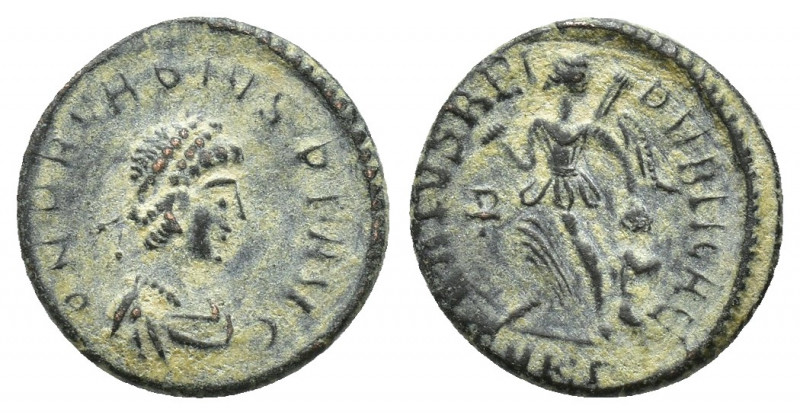 Arcadius AD 383-408. Cyzicus Follis Æ (13mm, 1.4 g). D N ARCADIVS P F AVG, pearl...