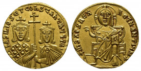 Basil I the Macedonian (AD 867-886), with Constantine. AV solidus (19.7mm, 4.4 g). Constantinople, AD 870-871. bASILIOS ЄT CONSTANT AЧςς b, crowned fa...