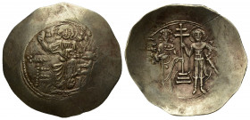 JOHN II COMNENUS (1118-1143). EL Aspron Trachy. (32mm, 4.6 g) Constantinople. Obv: IC - XC. Christ Pantokrator seated facing on throne. Rev: John and ...