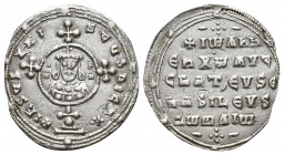 John I Tzimisces AD 969-976. Constantinople Miliaresion AR (22 mm, 2,4 g). + IHSUS XRISTUS NICA*, IWAN and bust of John in central medallion on cross-...