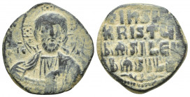 Basil II & Constantine VIII, circa 976-1025. Æ Follis (26mm, 10.5 g). Class A2. Constantinople mint. Facing bust of Christ, holding Gospels; Nimbus cr...