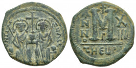 Justin II, with Sophia. 565-578. Æ follis. (30mm, 14.9 g) Theoupolis (Antioch) mint, 3rd officina. Justin and Sophia seated facing on double throne, e...