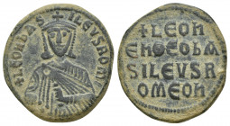 Leo VI 'the Wise' Æ Nummus. (27mm, 8.1 g) Constantinople, AD 886-912. +LEOҺ bASILEVS ROM, crowned facing bust, holding akakia / +LЄOҺ ЄҺ ΘΕΟ bASILЄVS ...