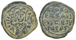 Theophilus (AD 829-842) Constantinople AE Follis (24mm, 4.6 g) Obv: TEOFIL' - bASIL' Facing, crowned bust holding labarum and cross on globe. Rev: +TE...