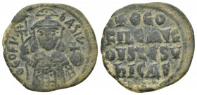 Theophilus (AD 829-842) Constantinople AE Follis (25mm, 7.6 g) Obv: TEOFIL' - bASIL' Facing, crowned bust holding labarum and cross on globe. Rev: +TE...