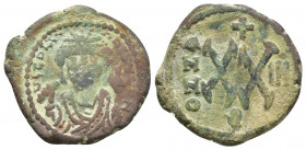 Maurice Tiberius. 582-602. Æ half follis (22mm, 6.9 g). Antioch mint, Year 3 = 584/5. blundered legend, Bust facing, wearing crown with trefoil orname...