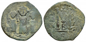 Heraclius. 610-641. Æ Follis (24mm, 5.3 g). Thessalonica mint, Year 14 = 623/624. Heraclius, Heraclius Constantine, and Martina, all standing facing, ...