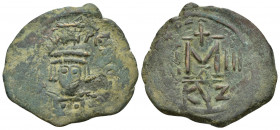 Heraclius AD 610-641. 1st officina. Dated RY 3 (AD 612/3). Cyzicus Follis Æ (30mm, 9.4 g). [D N hERACLI] PERP AVG, helmeted and cuirassed facing bust,...