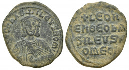 Leo VI the Wise. AD 886-912. Constantinople Follis Æ (26 mm, 7.4 g) + LEOn bASILEVS ROm, crowned facing bust, holding akakia / + LEOnEh ΘΕΟ bASILEVS R...
