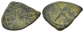 Phocas (602-610 AD) Constantinople AE Decanummium (14mm, 2.9 g) Obv: Crowned, draped, and cuirassed facing bust Rev: Large X; cross above?.