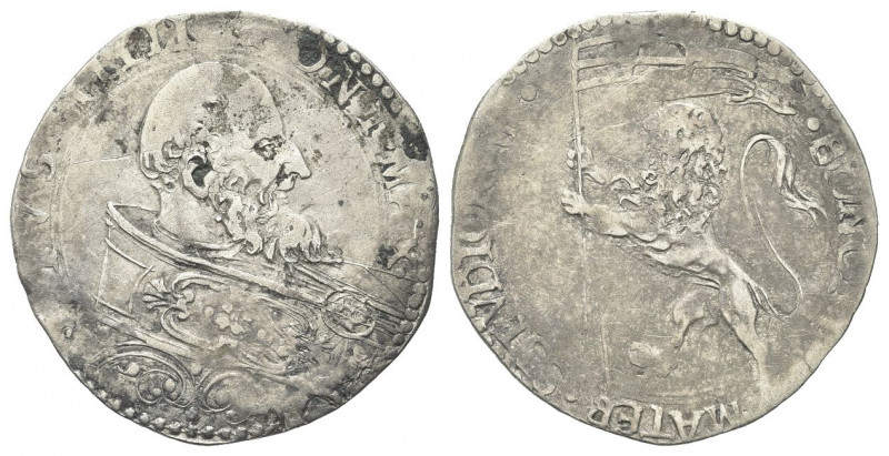 BOLOGNA
Pio V (Antonio Michele Ghislieri), 1566-1572.
Bianco o mezza Lira.
Ag...