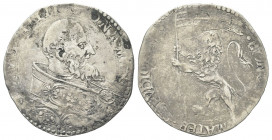 BOLOGNA
Pio V (Antonio Michele Ghislieri), 1566-1572.
Bianco o mezza Lira.
Ag gr. 4,74
Dr. PIVS IIIII PONT MAX. Busto a d. con piviale ornato.
Rv...