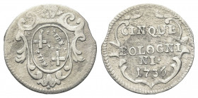 BOLOGNA
Clemente XII (Lorenzo Corsini), 1730-1740. 
Carlino da 5 Bolognini 1736.
Ag gr. 1,31
Dr. Stemma ovale in cornice sormontato da maschera le...