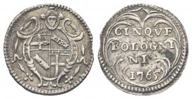 BOLOGNA
Clemente XIII (Carlo della Torre di Rezzonico), 1758-1769. 
Carlino da 5 Bolognini 1765.
Ag gr. 1,16
Dr. Stemma della città.
Rv. CINQVE /...