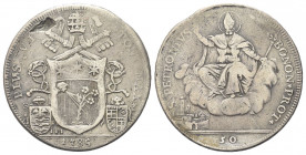 BOLOGNA
Pio VI (Giannangelo Braschi), 1775-1799.
Mezzo Scudo da 50 Bolognini 1785.
Ag gr. 12,97
Dr. PIVS VI - PONT MAX. Stemma ovale in cornice so...