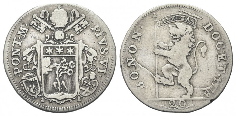 BOLOGNA
Pio VI (Giannangelo Braschi), 1775-1799.
Lira 1778 da 20 Bolognini.
A...