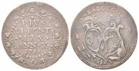 BOLOGNA
Pio VI (Giannangelo Braschi), 1775-1799.
Baiocco 1784.
Æ gr. 11,45
Dr. PIVS / VI PONT / MAX A X / 1784. Iscrizione disposta su quattro rig...