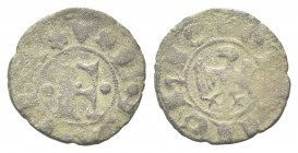 FERRARA
Obizzo III, 1344-1352.
Denaro o Ferrarino.
Mi gr. 0,50
Dr. Grande F R.
Rv. Aquila. 
CNI 1/6; MIR 217.
Molto Raro. BB