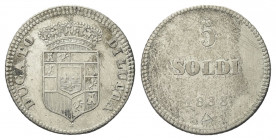 LUCCA
Carlo Ludovico di Borbone, 1824-1847.
5 Soldi 1833.
Mi gr. 2,62
Dr. Stemma coronato.
Rv. Valore e data.
Pag. 267a; Gig. 7a.
 Raro. BB