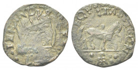 NAPOLI
Federico III d’Aragona, Re di Napoli, 1496-1501.
Cavallo riconiato su moneta di Carlo VIII.
Æ gr. 1,77
Dr. FERRANDVS [...]. Testa del re ra...