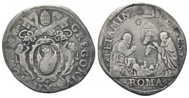 ROMA
Gregorio XIII (Ugo Boncompagni), 1572-1585.
Testone.
Ag gr. 8,94
Dr. GRECORIVS XIII PONT M. Stemma ovale sormontato da triregno e chiavi decu...