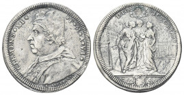 ROMA
Clemente XI (Gian Francesco Albani), 1700-1721.
Testone a. VI.
Ag gr. 8,93
Dr. CLEMENS XI - P M A VI. Busto a s., con camauro e stola decorat...