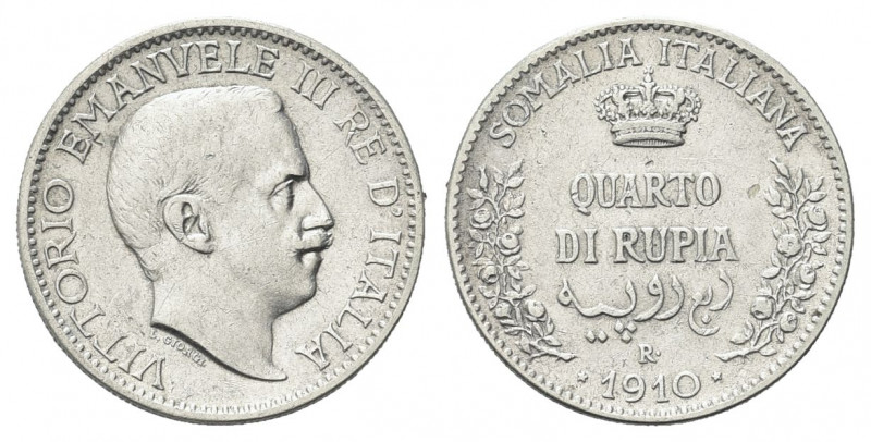 COLONIA SOMALA
Vittorio Emanuele III, 1909-1925.
Quarto di Rupia 1910 Roma.
A...