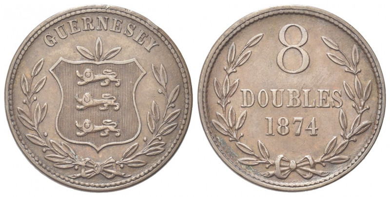 GUEMESEY
8 Dobles 1874.
Æ gr. 9,39
Dr. Stemma nazionale tra due rami di allor...