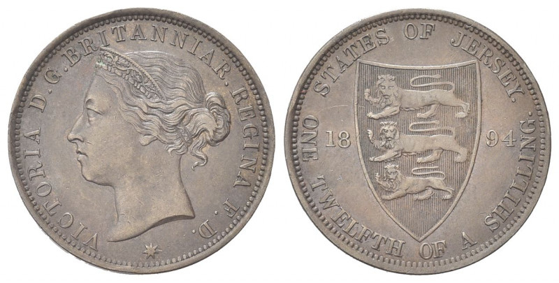 JERSEY
Regina Vittoria, 1837-1901.
1/12 di Shilling 1894.
Æ gr. 9,46
Dr. Tes...