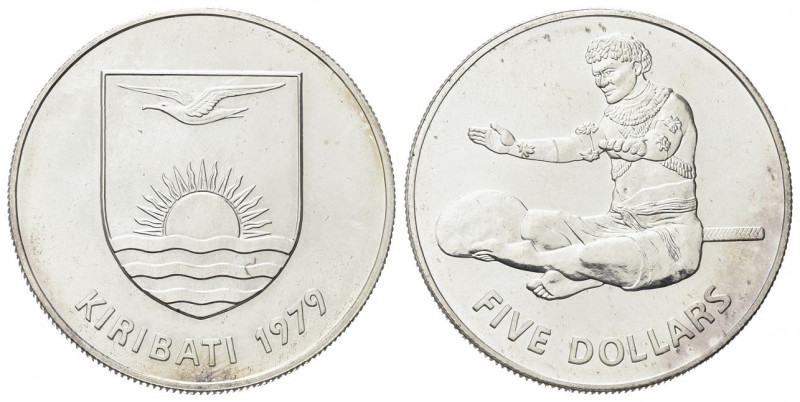 KIRIBATI
Repubblica, dal 1979.
5 Dollari 1979, Indipendenza.
Ag gr. 28,09
Dr...